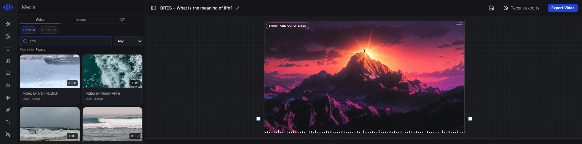 The Podeo.ai editor with a stock footage panel searching for sea videos, beside a preview of a sunrise over a mountain peak